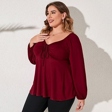 Plus Size Tops For Women Lantern Sleeve V Neck High Waist Blouse Shirt