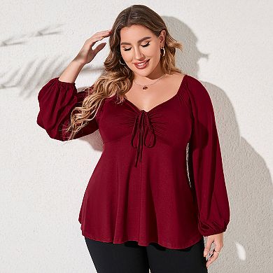 Plus Size Tops For Women Lantern Sleeve V Neck High Waist Blouse Shirt