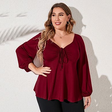 Plus Size Tops For Women Lantern Sleeve V Neck High Waist Blouse Shirt