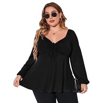 Plus Size Tops For Women Lantern Sleeve V Neck High Waist Blouse Shirt