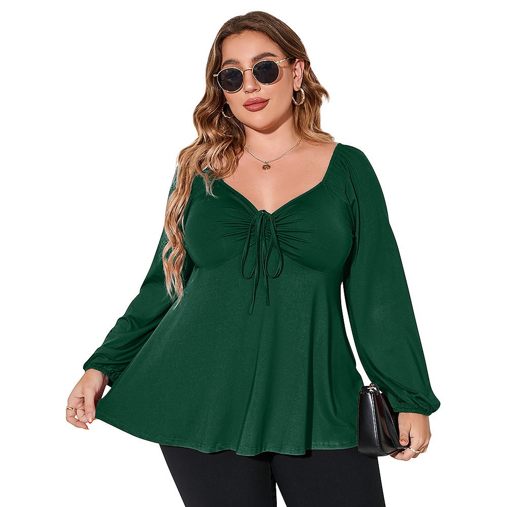 Plus Size Tops For Women Lantern Sleeve V Neck High Waist