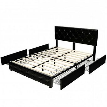 Full Size Black Pu Leather Button Tufted Platform Bed With 4 Storage Drawers