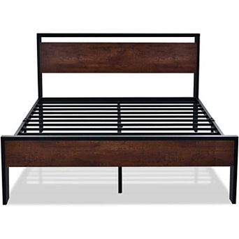 Full Metal Platform Bed Frame With Mahogany Wood Panel Headboard Footboard