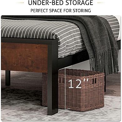 Full Metal Platform Bed Frame With Mahogany Wood Panel Headboard Footboard