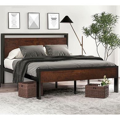 Full Metal Platform Bed Frame With Mahogany Wood Panel Headboard Footboard