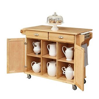 Natural Wood Finish Kitchen Island Cart With Locking Casters