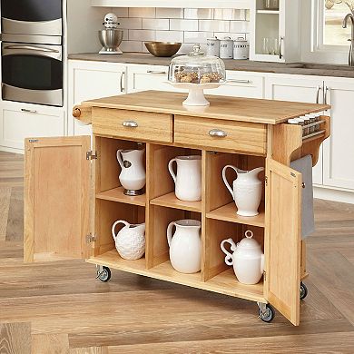 Natural Wood Finish Kitchen Island Cart With Locking Casters