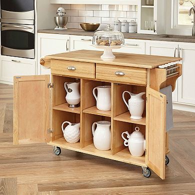 Natural Wood Finish Kitchen Island Cart With Locking Casters