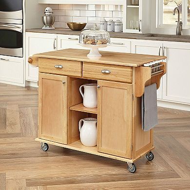 Natural Wood Finish Kitchen Island Cart With Locking Casters