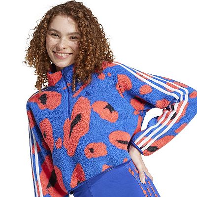 ★adidas★ Animal Print Fleece Crop Half Zip Up Top Blue Red Women's adidas Essentials 3-Stripes Animal Print Cropped 1/4