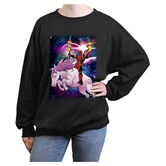 Juniors' Marvel Deadpool Pink Unicorn Ride Oversized Graphic Pullover