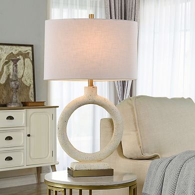 Speckled Cream Circle Table Lamp with Off-White Lamp Shade