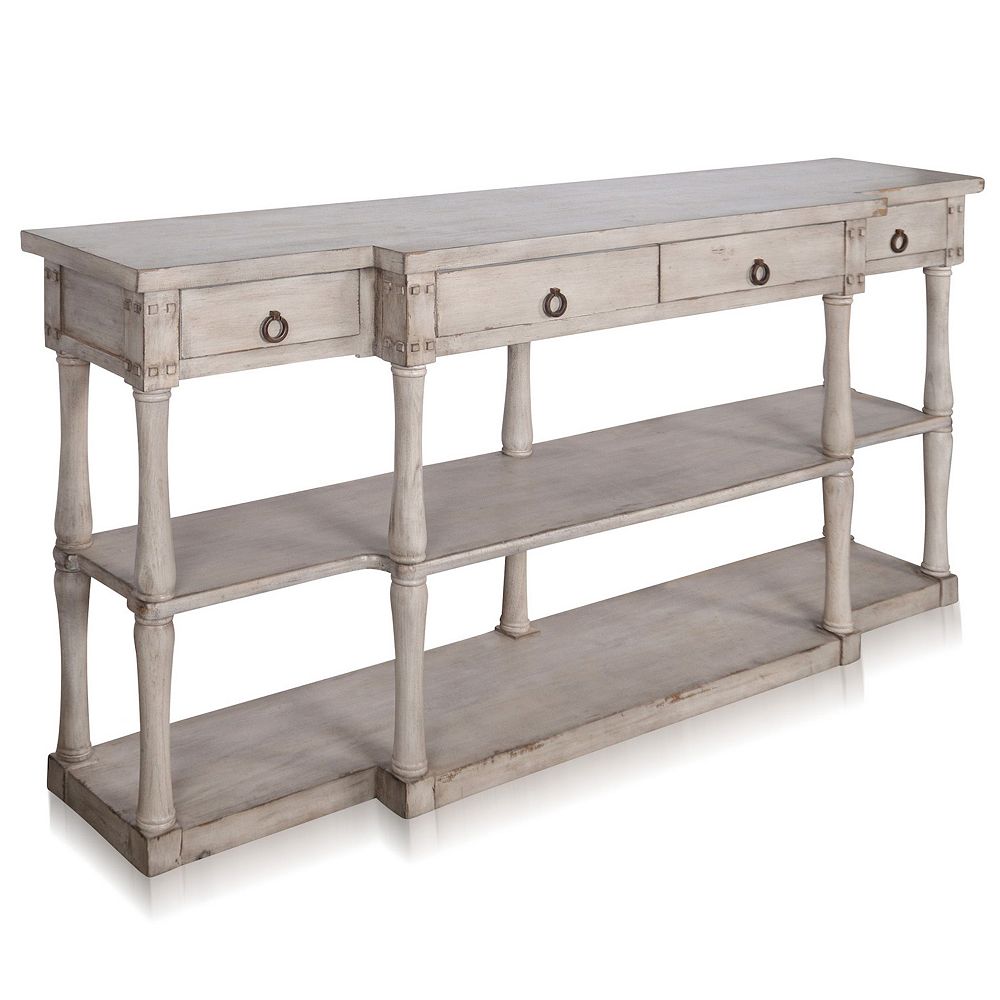 Wilshire Breakfront 3-Tier Distressed Light Grey Console Table