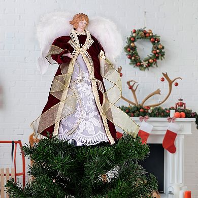 Northlight Burgundy and White Angel with Lighted Candle Christmas Tree Topper