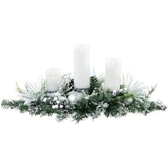 Northlight 30 in Green Flocked Pine Triple Candle Holder and Iridescent Christmas Ornaments