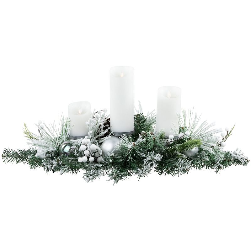 30  Green Flocked Pine Triple Candle Holder and Iridescent Christmas Ornaments