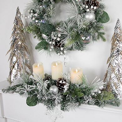 Northlight 30-in. Green Flocked Pine Triple Candle Holder and Iridescent Christmas Ornaments