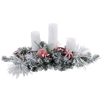 Northlight 32 in Red and White Triple Candle Holder with Flocked Pine and Christmas Ornaments