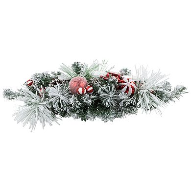 Northlight 32-in. Red and White Triple Candle Holder with Flocked Pine and Christmas Ornaments