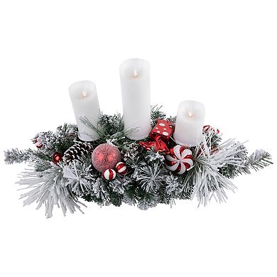 Northlight 32-in. Red and White Triple Candle Holder with Flocked Pine and Christmas Ornaments