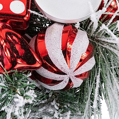Northlight 32-in. Red and White Triple Candle Holder with Flocked Pine and Christmas Ornaments