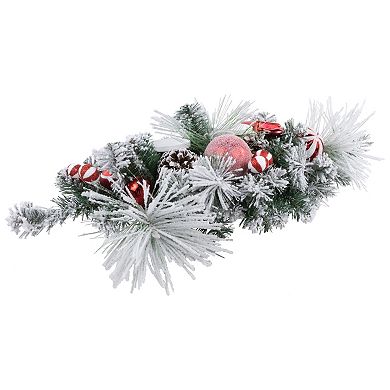 Northlight 32-in. Red and White Triple Candle Holder with Flocked Pine and Christmas Ornaments