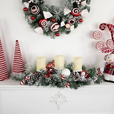 Northlight 32-in. Red and White Triple Candle Holder with Flocked Pine and Christmas Ornaments