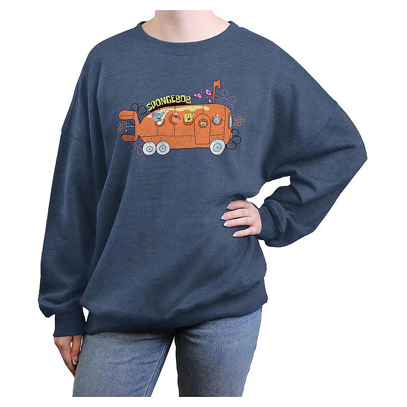 Juniors' Nickelodeon SpongeBob SquarePants Bikini Bottom Bus Oversized Graphic Pullover, Girl's, Size: Small, Blue Grey