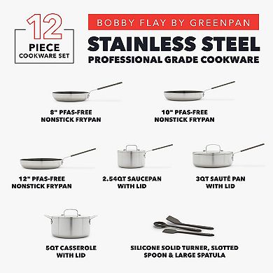 Bobby Flay by GreenPan Stainless Steel Uncoated & PFAS-Free Nonstick 12-Piece Cookware Set