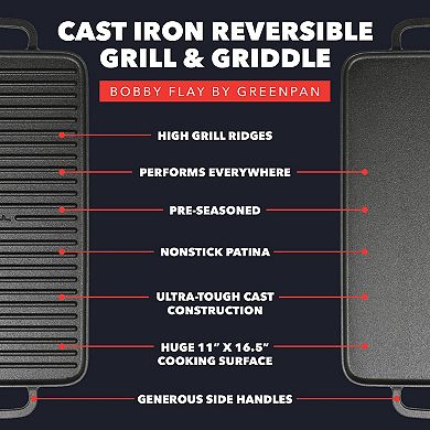 Bobby Flay by GreenPan 11” x 16.5” Reversible Cast Iron Grill Griddle