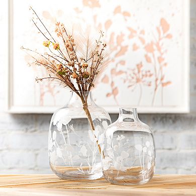 Floral Etched Clear Glass Vases Table Decor 2-piece Set