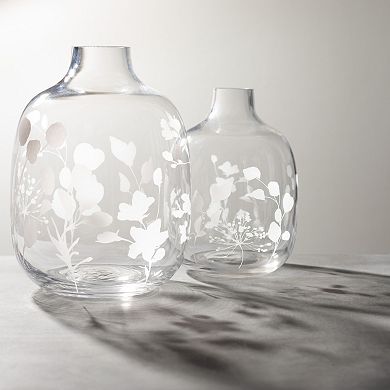 Floral Etched Clear Glass Vases Table Decor 2-piece Set