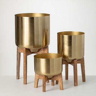 Sullivan's Brass Planters with Wooden Stands Decor 3-piece Set