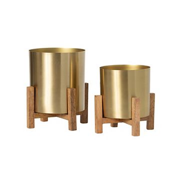 Sullivan's Brass Planters on Wooden Stands Table Decor 2 pc Set