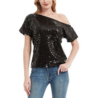 Women's One Shoulder Cap Sleeve Sequin Party Top