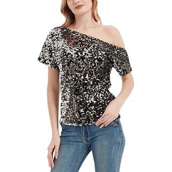 Women's One Shoulder Cap Sleeve Sequin Party Top