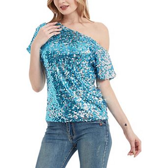 Women's One Shoulder Cap Sleeve Sequin Party Top