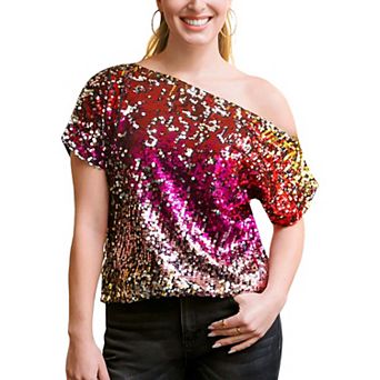 Women's One Shoulder Cap Sleeve Sequin Party Top