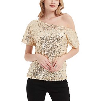 Women's One Shoulder Cap Sleeve Sequin Party Top
