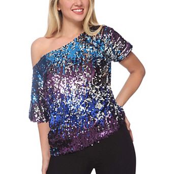 Women's One Shoulder Cap Sleeve Sequin Party Top
