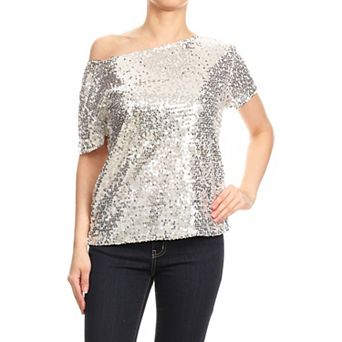 Women's One Shoulder Cap Sleeve Sequin Party Top