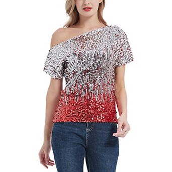 Women's One Shoulder Cap Sleeve Sequin Party Top