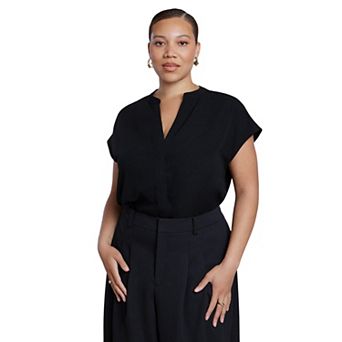 ELOQUII Women's Plus Size Short-Sleeve Notch Collar Blouse
