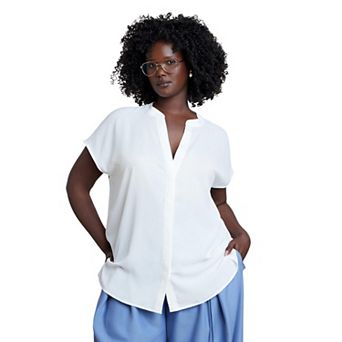 ELOQUII Women's Plus Size Short-Sleeve Notch Collar Blouse