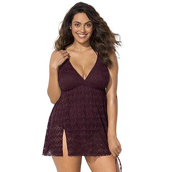 Swimsuits for All Women's Crochet Side Slit V-Neck Swimdress