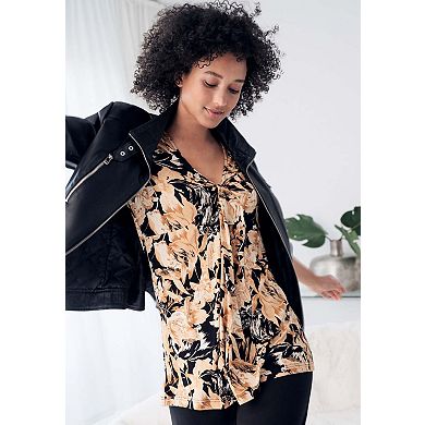 Ellos Plus Size Stretch Knit V-Neck 3/4 Sleeve Knot Front Tunic