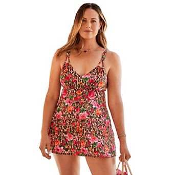 Swim 365 Women's Plus Size Loop-Strap V-Neck Tummy Control Two-Piece Swim Dress