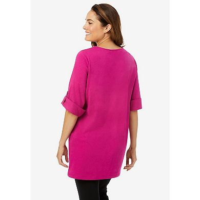 Woman Within Plus Size Perfect Roll-Tab-Sleeve Notch-Neck Tunic