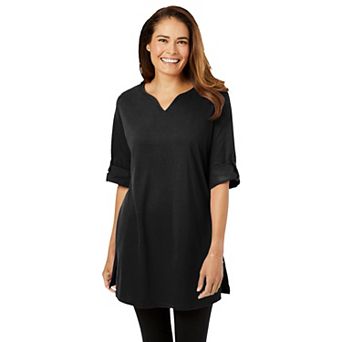 Woman Within Plus Size Perfect Roll-Tab-Sleeve Notch-Neck Tunic