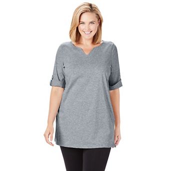 Woman Within Plus Size Perfect Roll-Tab-Sleeve Notch-Neck Tunic